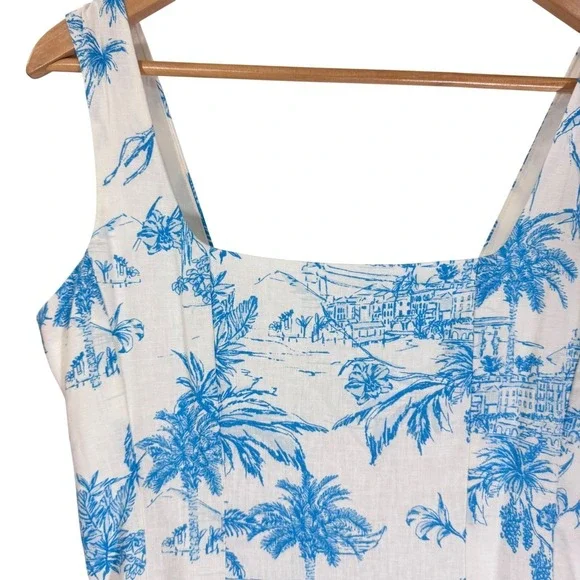 Joie Women Blue White Palm Tree Print Linen Blend Pockets Side Mini Dress  Size 4 - www.threedaughtersproperties.com
